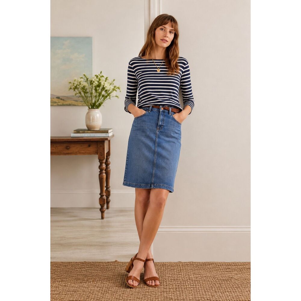 Boden Denim Midi Pencil Skirt Blue 100% Cotton Back Slit NWT UK 14/US 10